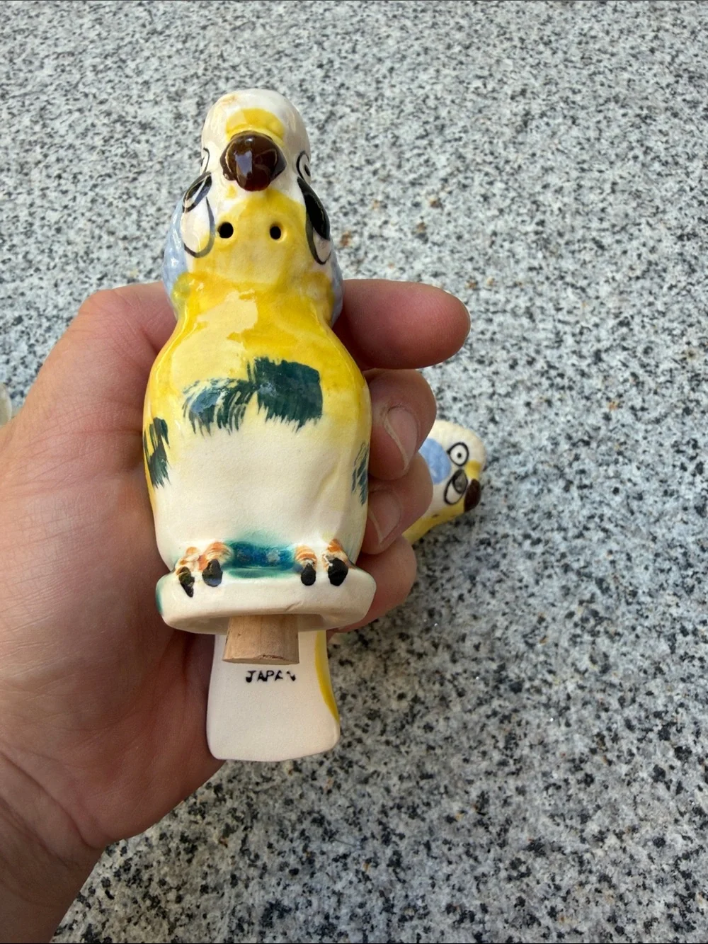 Pair of Ceramic Parakeet Bird salt and pepper shakers in Yellow & Multicolor